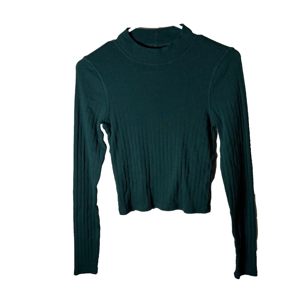 American Eagle T-Shirt Women's Small Green Mock Neck Ribbed Long Sleeve Crop